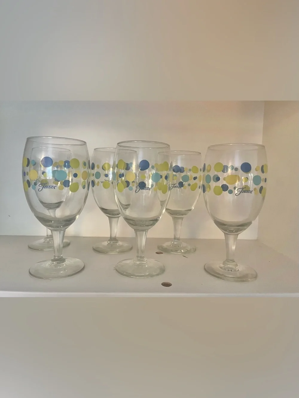Vintage Fiesta Polka Dot Goblets Set of 6 Wine Glasses Blue Green Yellow Dots